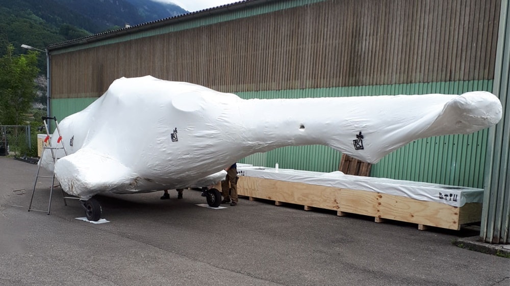 A big white creature draped with a tarp, creating a mysterious look.