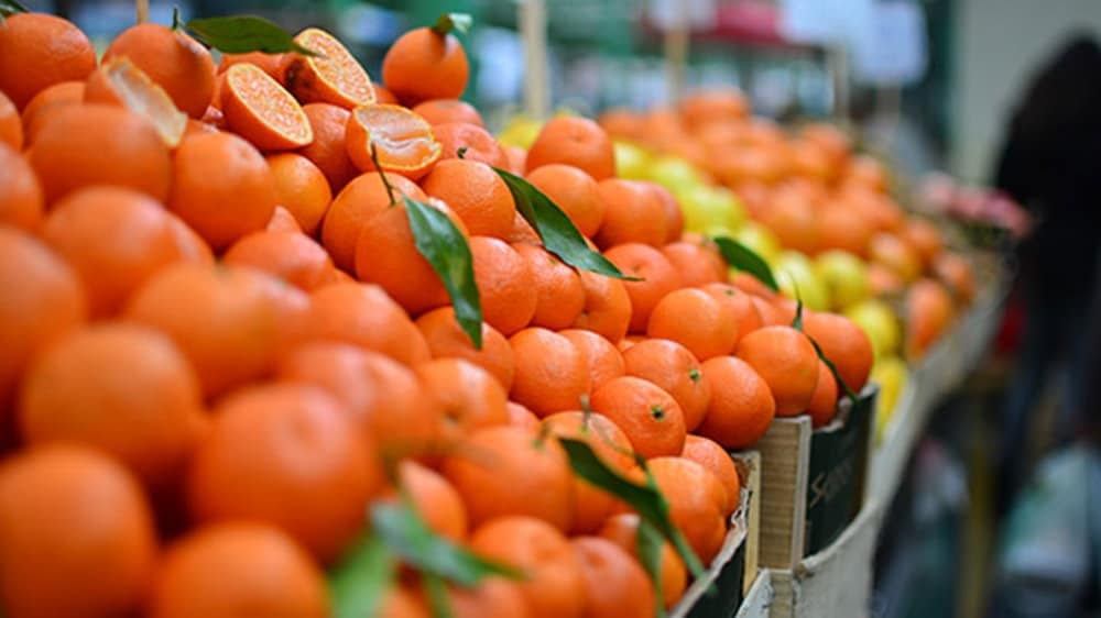 Close-up of oranges in a supermarket.